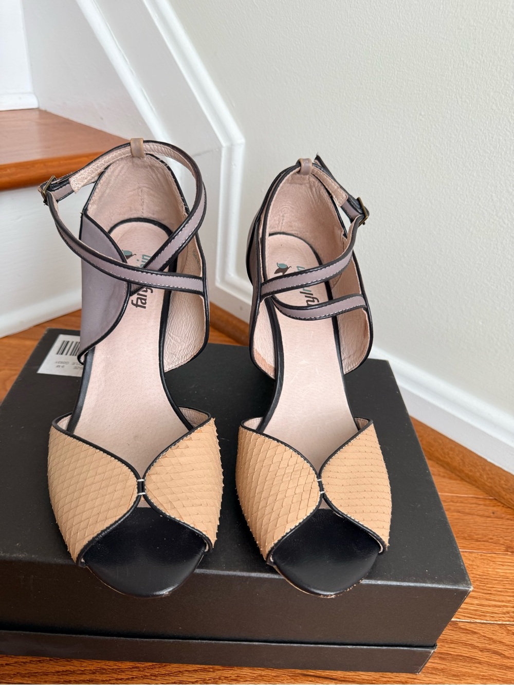 Farylrobin Beige and Black Open-Toe Ankle-Strap Heels